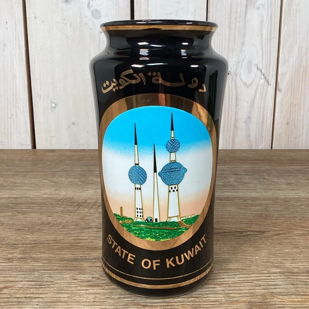 The Art of Chokin State of Kuwait Black Glass Collector's Vase 24kt Gold 6" Tall - Picture 2 of 11